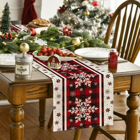 Christmas Table Runner Plaid Snowflake Decor Winter Decoration Decorative Cloth - Picture 2 of 4